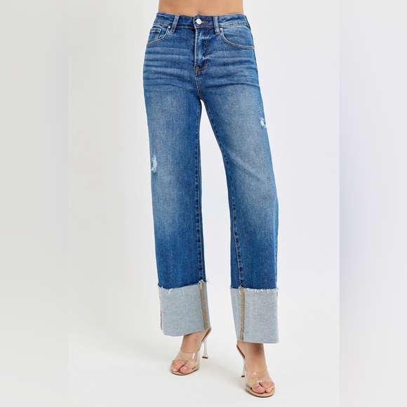 High Rise Dark Wash Wide Leg Wide Cuffed Jeans - Risen - Picture 5 of 5